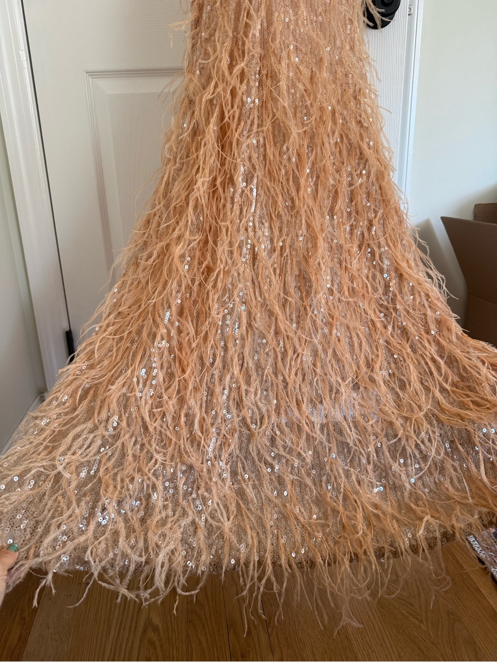 Retrofete Odessa Sequin Ostrich Feather Trimmed Sheer Gown Maxi Dress Tannin - Picture 9 of 16